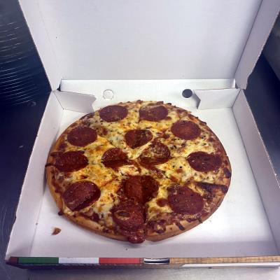 Pizza Meat Feast (Pepperoni Ham Chicken Tikka Beef) 12 Inch at Evans Fish Bar Llanidloes Wales