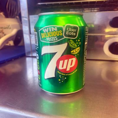 Canned Drinks 7up at Evans Fish Bar Llanidloes Wales