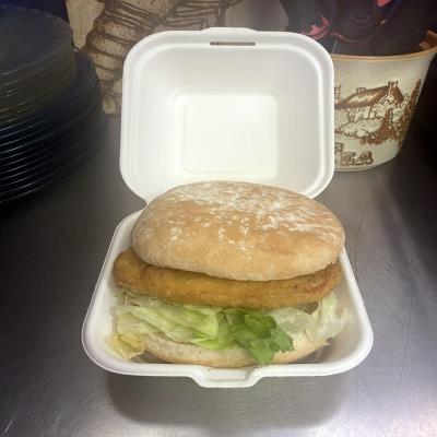 Battered Chicken Burger  at Evans Fish Bar Llanidloes Wales